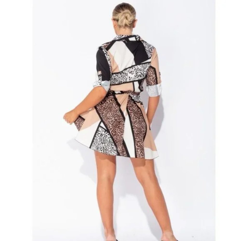 Leopard Print Abstract Print Long Roll Tab Sleeve Loose Fit Mini Shirt Dress - Picture 6 of 13